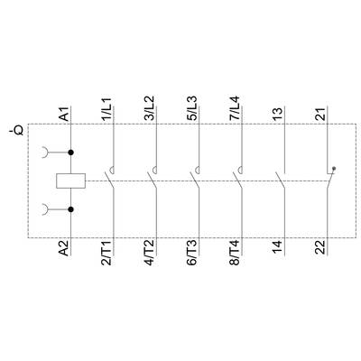 Circuit diagram of a relay with coil terminals A1 and A2, eight switching contacts with numbered terminals.