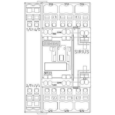 Technical drawing of a Siemens switchgear device, Sirius model 3RT23, showing contact assignment and control connections.