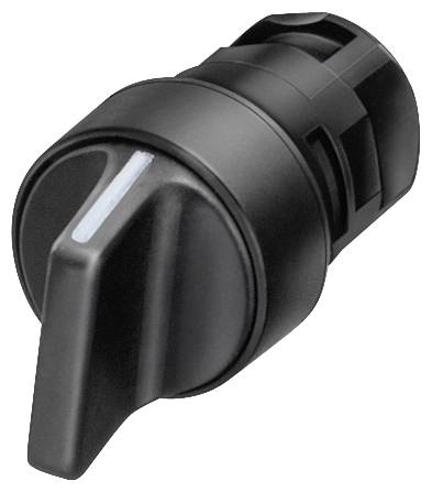 Black rotary knob with marking on a grey background.