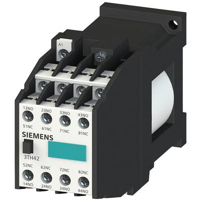 A Siemens contactor 3TH42 with multiple screw terminals and markings. The Siemens logo is visible at the front.