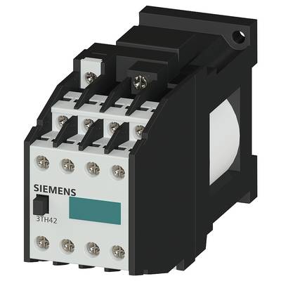 A black Siemens contactor, type 3TH42, with screw terminals and nameplate. Typically used for controlling electrical equipment.