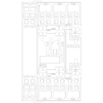 Wiring diagram of a 3-pole contactor with labels for connections and control contacts, marked as 'SIRIUS' and model '3RT23'.