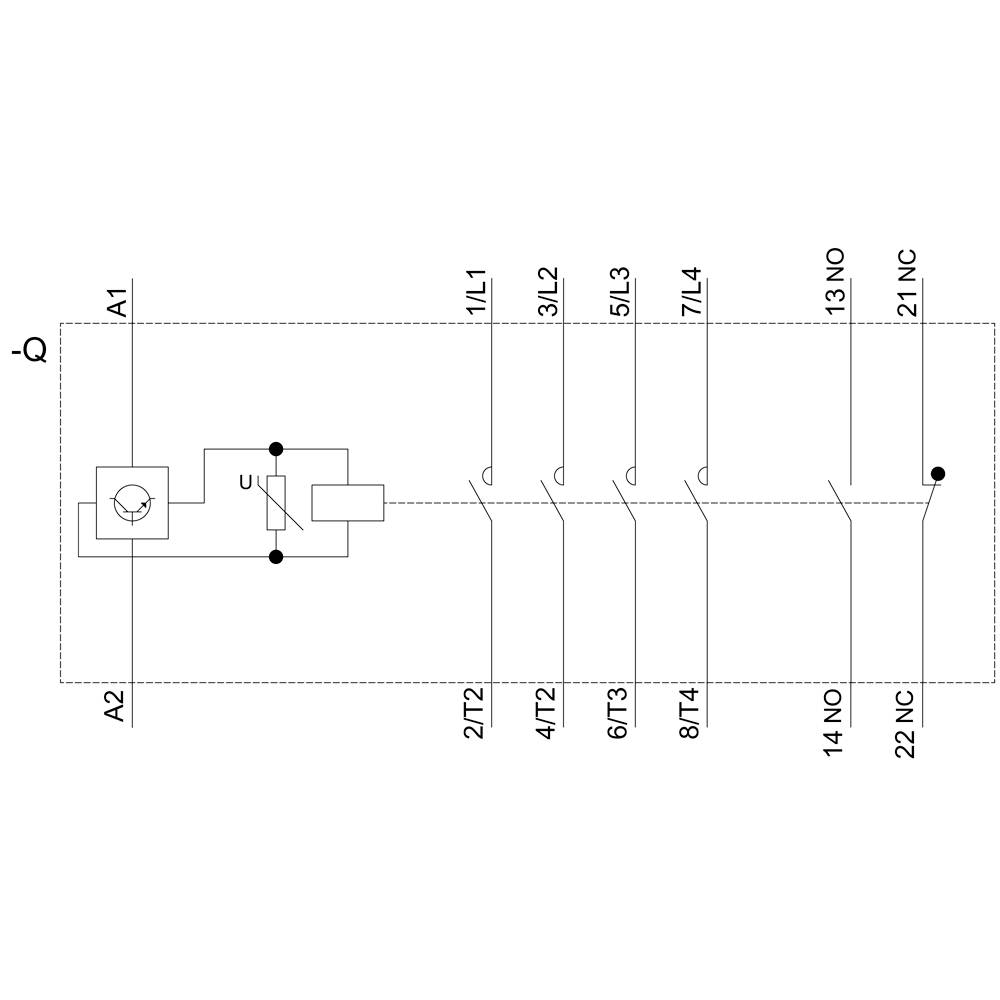 'Circuit diagram shows a relay with connections from A1/A2 to 11L1 through 21NC and integrated coil U. Primary purpose: electrical circuit control.'
