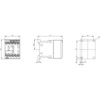 Technical drawing of an electronic component with front, side, and top view. Dimensions are given in millimetres.