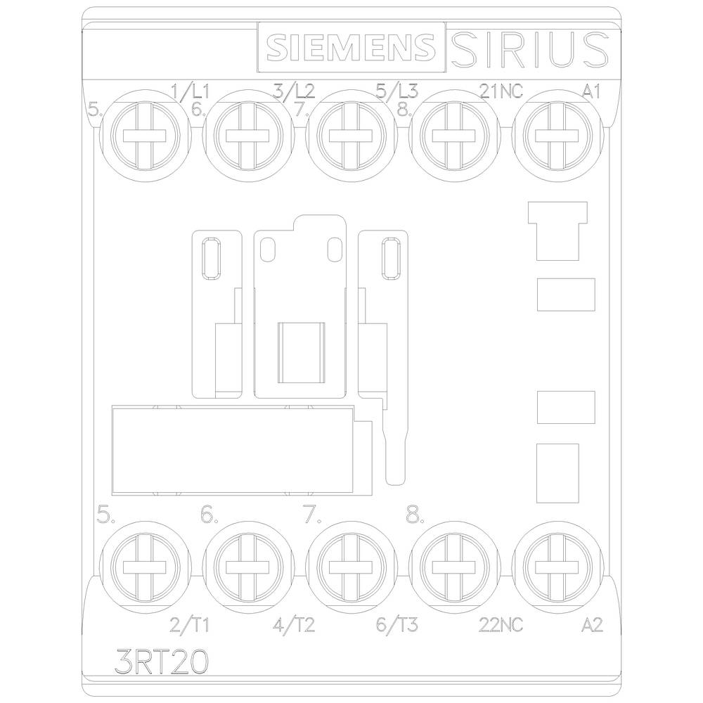 'Schütz Siemens SIRIUS 3RT20' with terminals L1, L2, L3, 21NC, A1, 2/T1, 4/T2, 6/T3, A2. Electronic switchgear detailed view.
