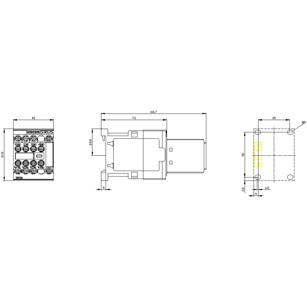 Technical drawing of an electrical connector with dimensions and top view. Shows details of the connector and drill holes.<br><br>Technical drawing of an electrical connector with dimensions and plan view. Illustrates connector details and drill holes.