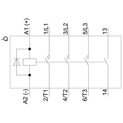 Circuit diagram of a three-phase contactor with designations: A1 (+), A2 (-), 1/L1, 3/L2, 5/L3, 2/T1, 4/T2, 6/T3, 13, 14.
