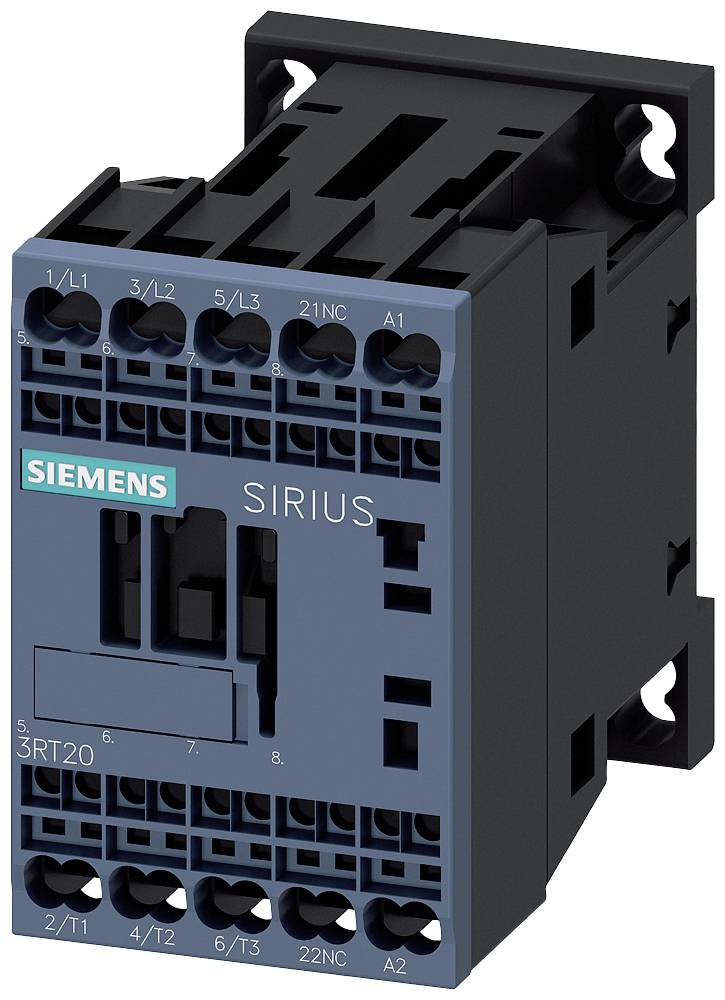 Industrial contactor by Siemens, Sirius model, with multiple electrical connections at the top and bottom, suitable for control applications.