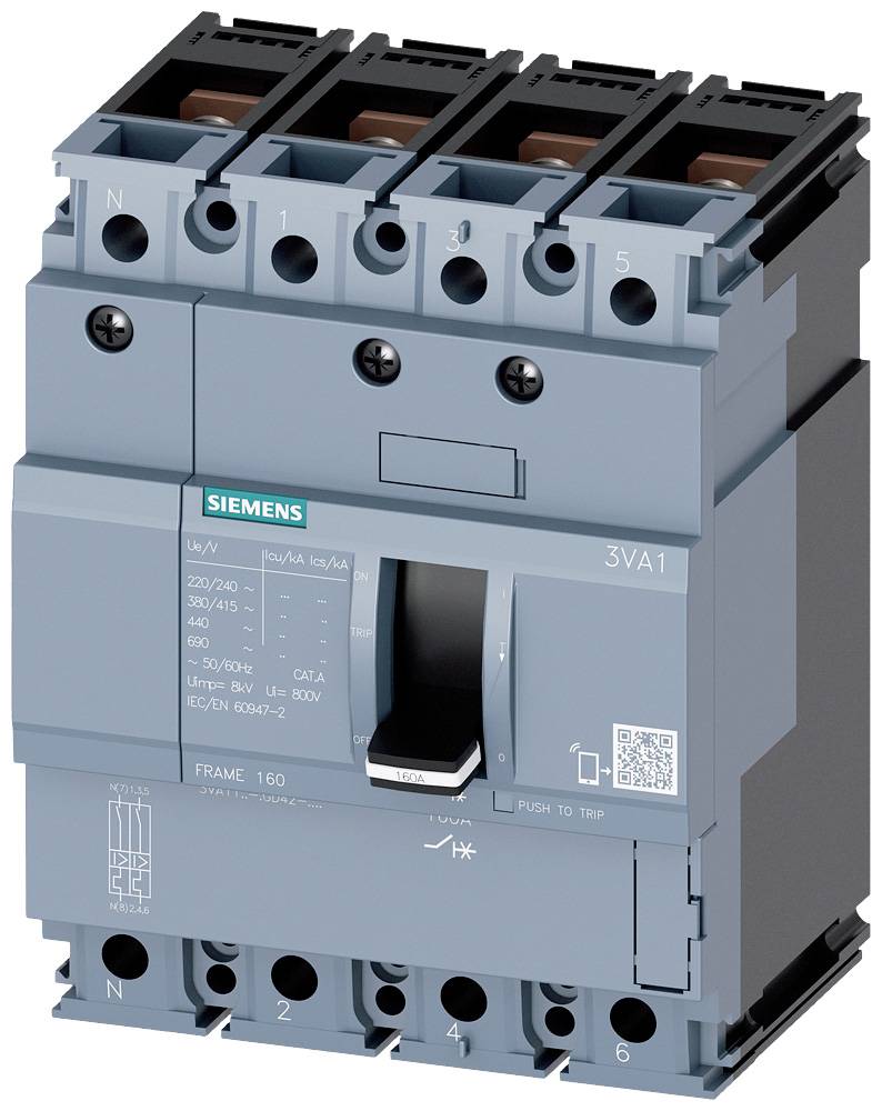 A 3-pole circuit breaker by Siemens, Model 3VA1, suitable for low-voltage power distribution. Housing colour: Grey.