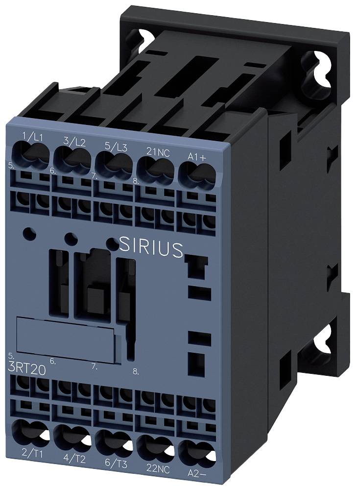 An electronic contactor from the SIRIUS range with multiple terminals on the front, suitable for industrial applications.