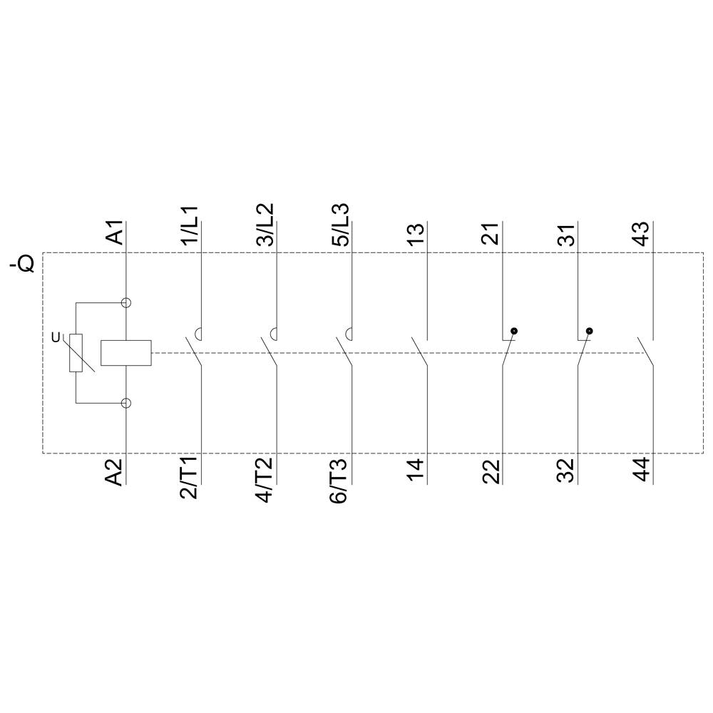 'Schematic representation of an electrical circuit diagram with multiple connections, marked with A1, A2, 1/L1, 2/T1, 3/L2, 4/T2, 5/L3, 6/T3, and numbered switching points.'