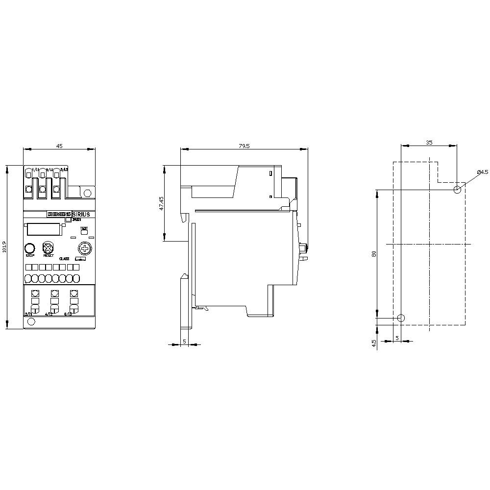 Technical drawing of an electrical device with front and side views, including dimensional specifications for installation purposes.