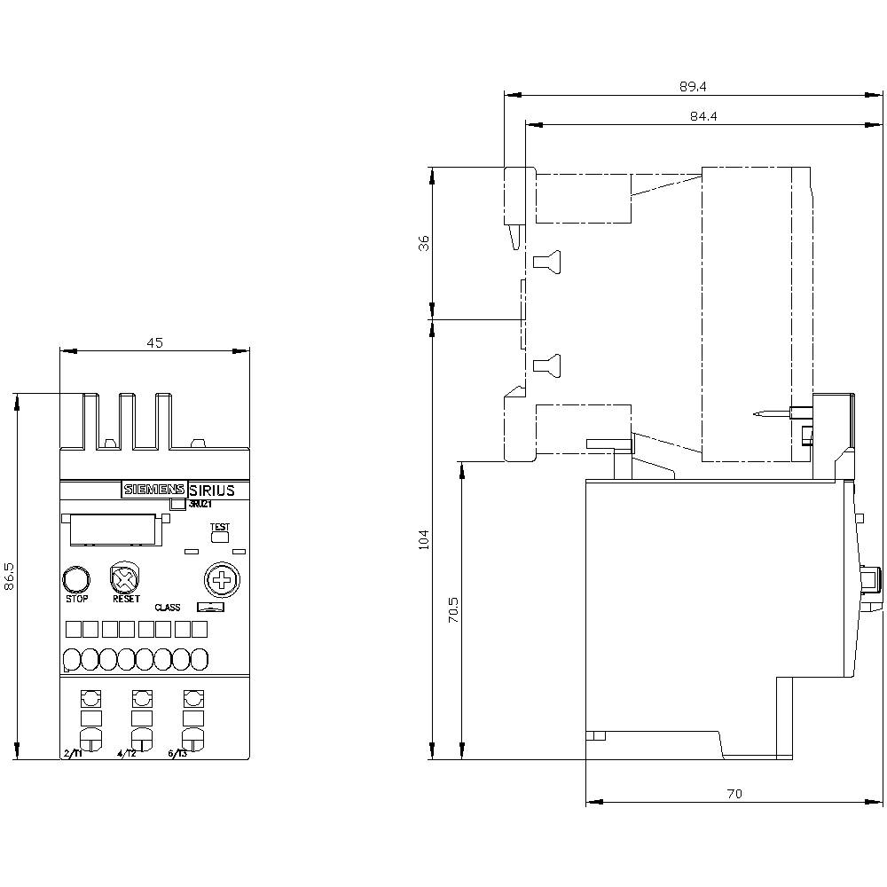 Technical drawing of an electrical switchgear. Front and side view with detailed dimensions in millimetres.