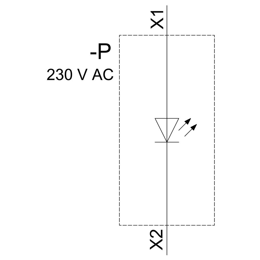Electrical circuit diagram shows an LED with two terminals (X1 and X2). Connected to a 230 V AC power source, polarised as negative (-P).