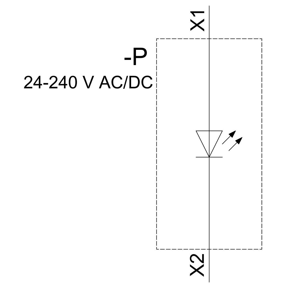 Switching symbol for a light-emitting diode between terminals X1 and X2, suitable for 24-240 V AC/DC, with polarity designation '-P'.