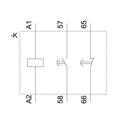 Technical drawing of a switching symbol with labels: 'A1', 'A2', '57', '58', '65', '66', and '-K'.