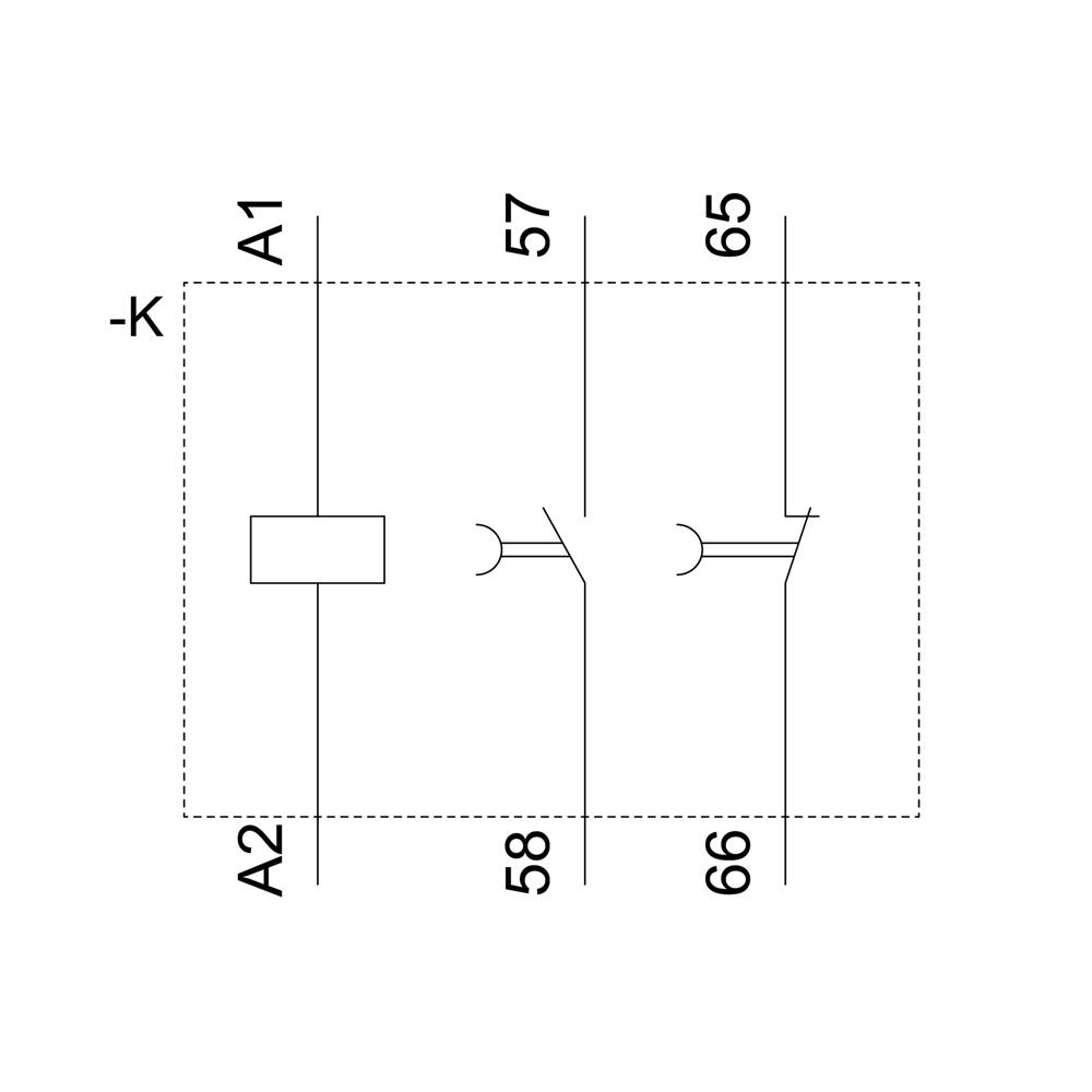 Circuit diagram shows a relay with terminals A1, A2, 57, 58, 65, 66. Symbolically represented contacts serve for electrical connection.