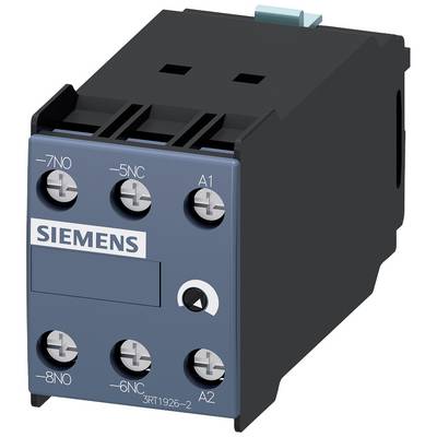 A blue Siemens switchgear with two connection rows and a rotary knob. Clear labelling for inputs and outputs.