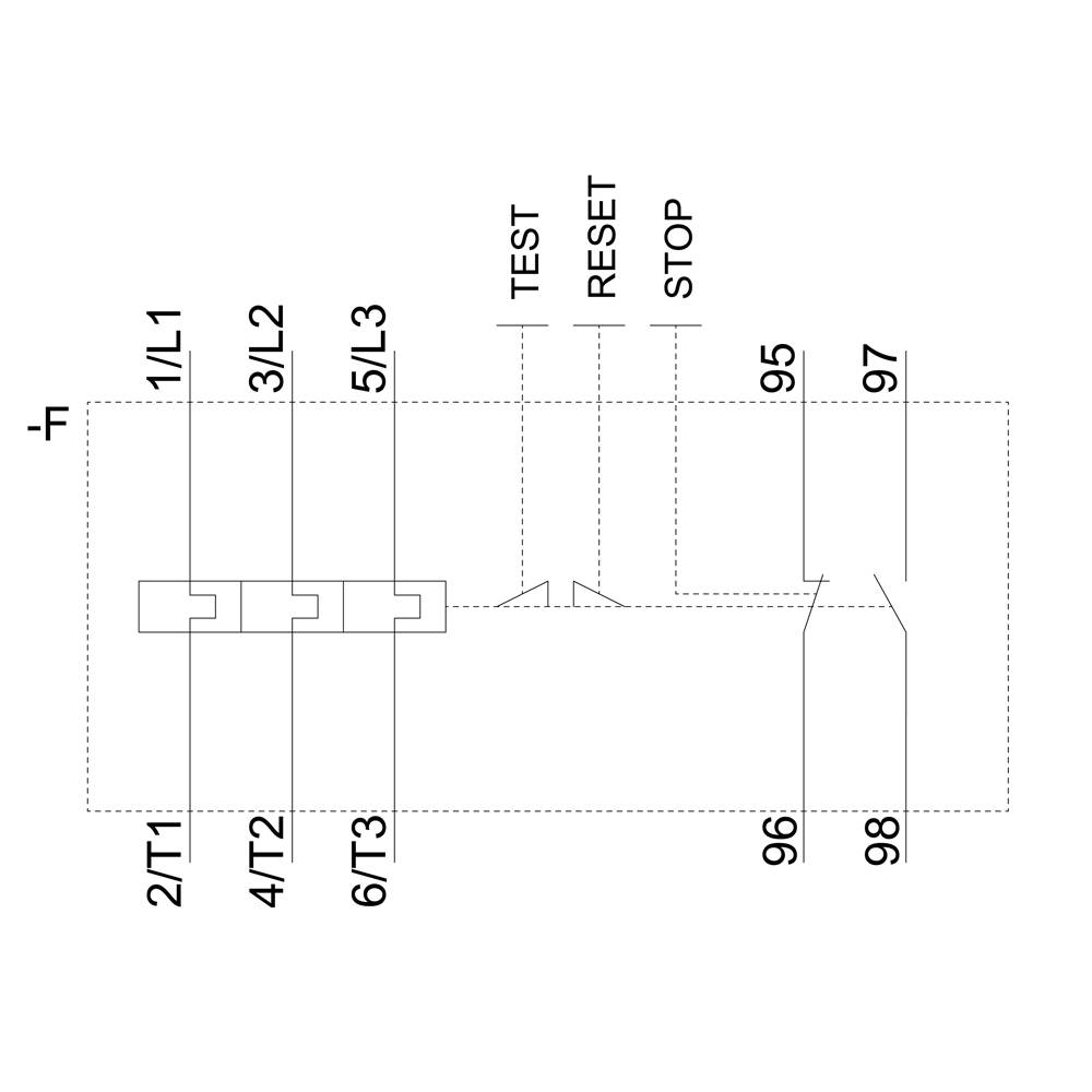 Circuit diagram for an electrical control unit with connections: '1/L1', '2/T1', '3/L2', '4/T2', '5/L3', '6/T3', functions 'TEST', 'RESET', 'STOP', terminals '95', '96', '97', '98'.
