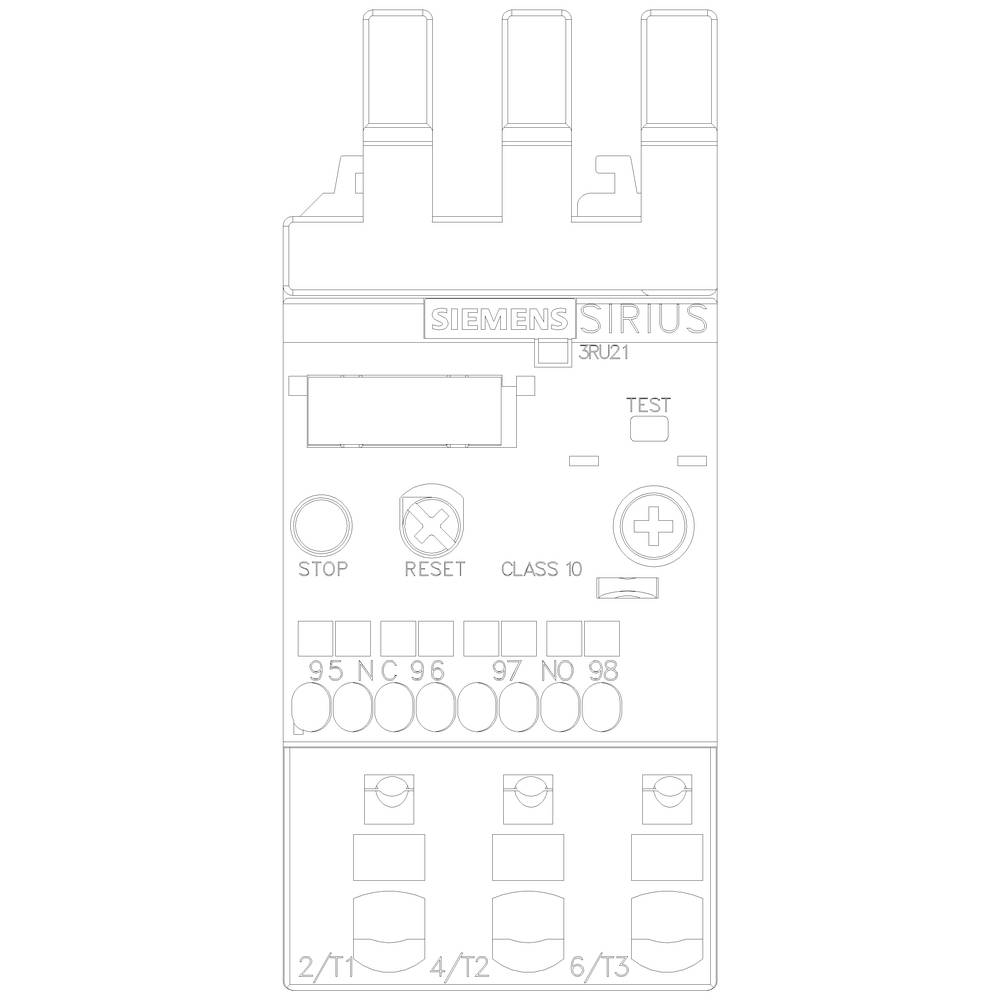 The image shows a schematic representation of a Siemens Sirius device with buttons for 'Stop' and 'Reset' and various connection labels.