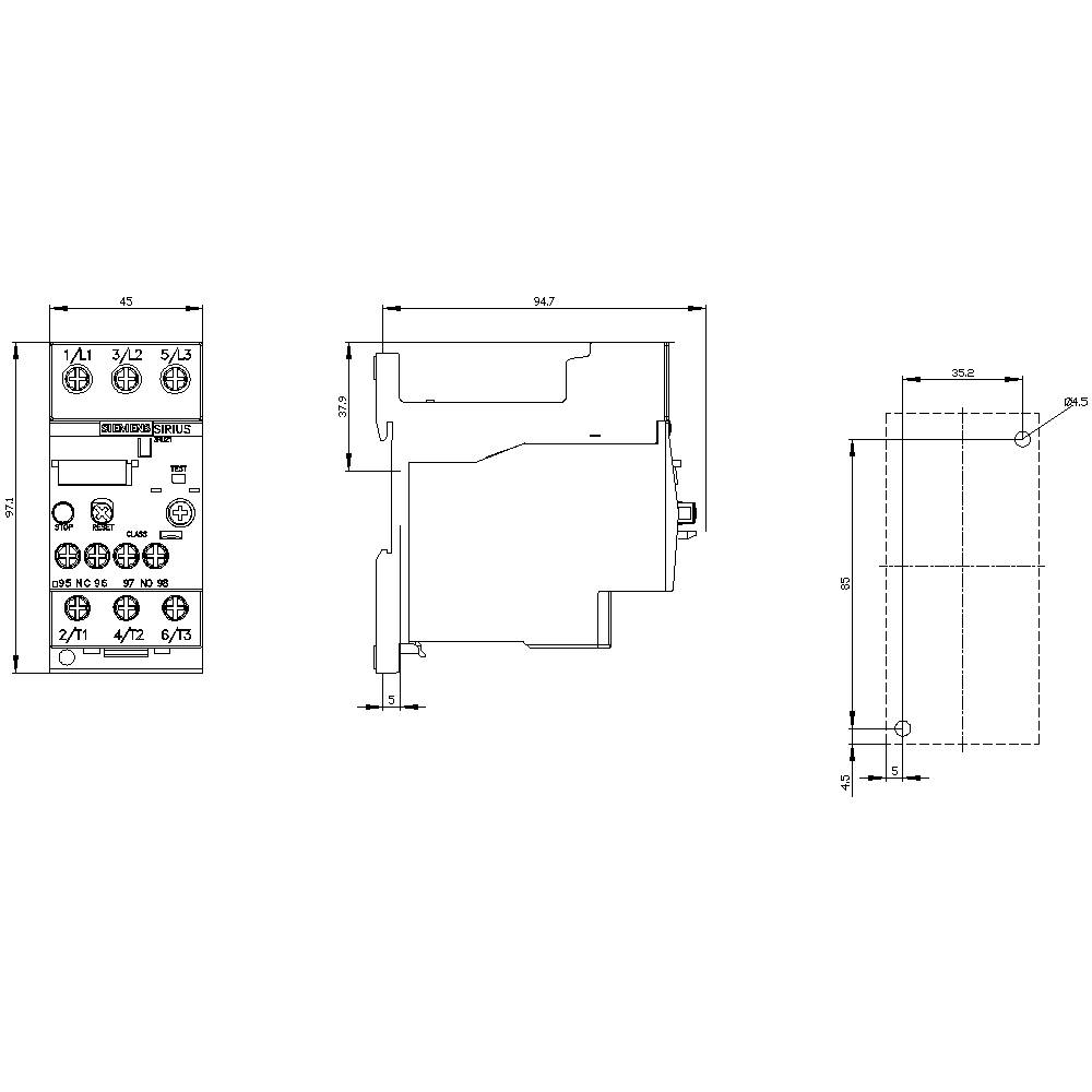 Technical drawing of a device showing front, side, and top views, including detailed dimensions and connection positions.