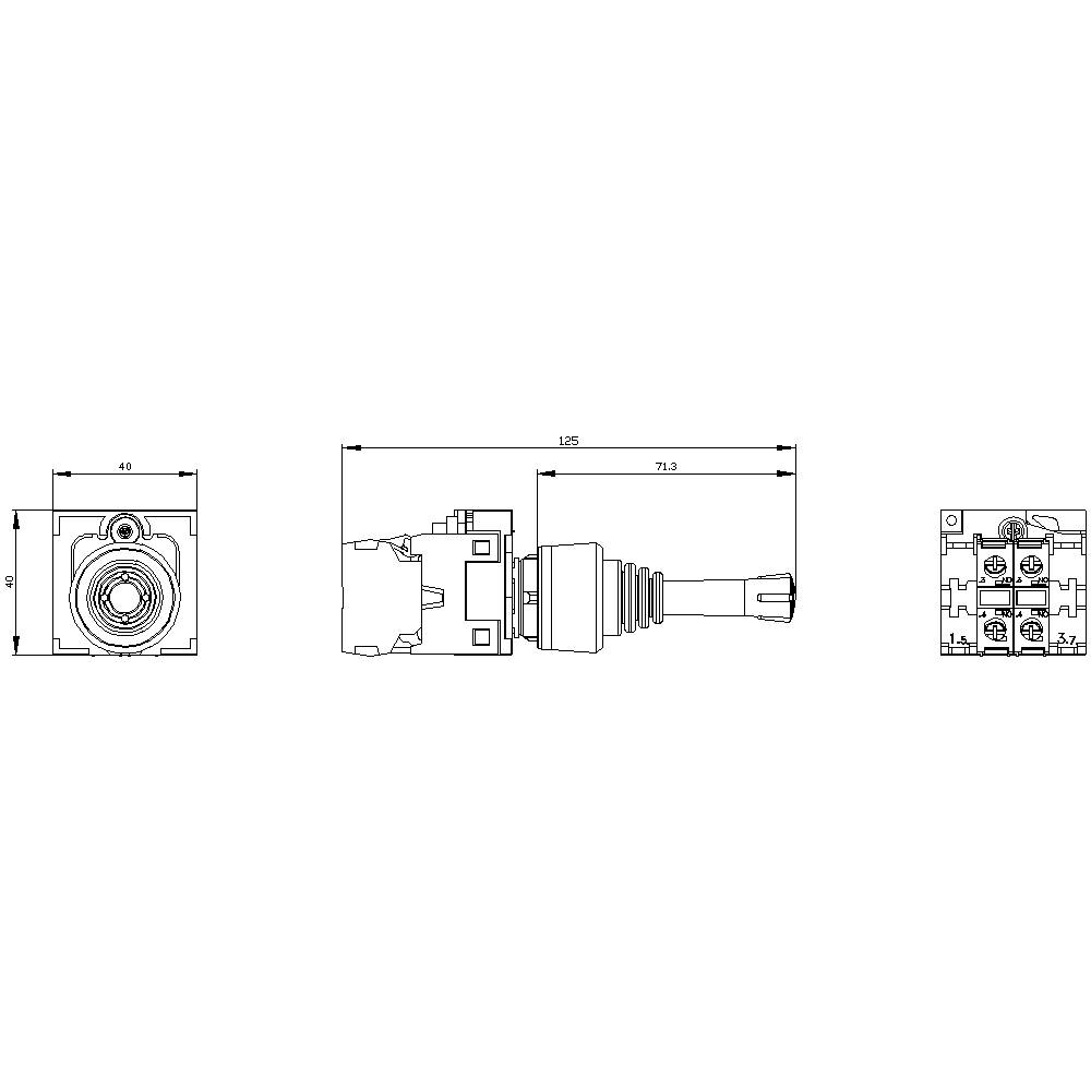 Technical drawing of an electrical switch with dimensions: width 40 mm, depth 105 mm, and height 73.5 mm. Shows connections and switch shape.