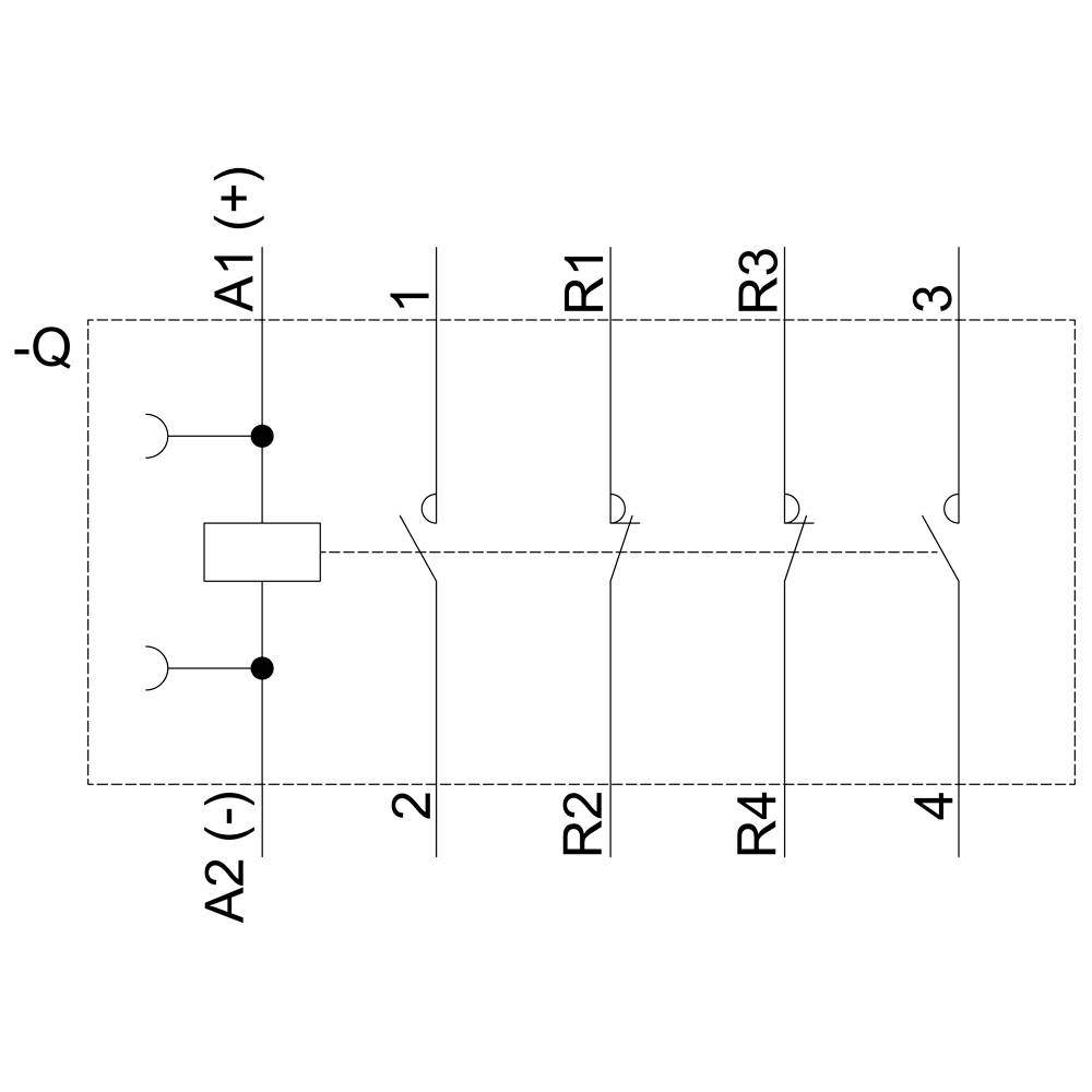 Protective Relay Circuit Diagram with Coil Terminals A1(+) and A2(-). Contacts 1-4 show switching states. R1, R2, R3, R4 are the corresponding relays.