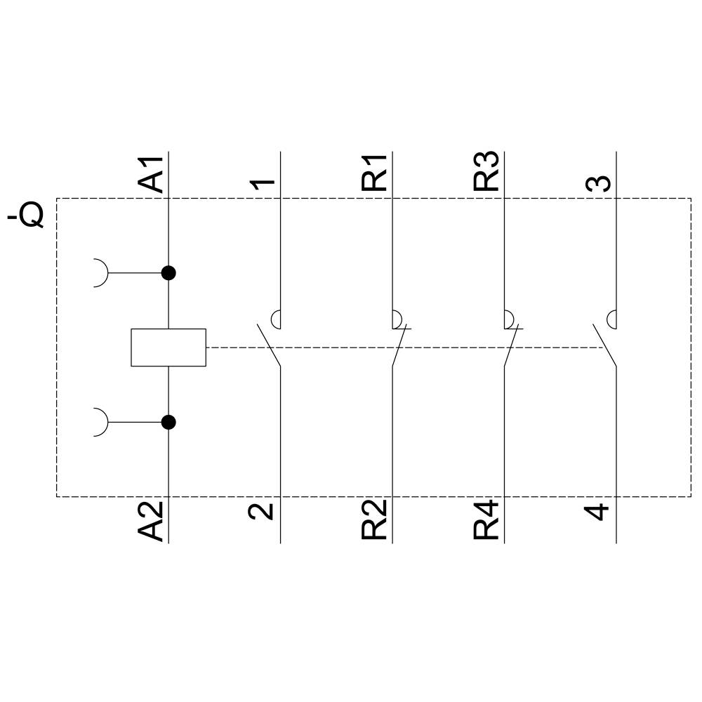 'Schütz R1' Circuit Diagram: Inputs A1, A2 and Outputs 1-4; connected with contacts R1-R4 for control purposes.