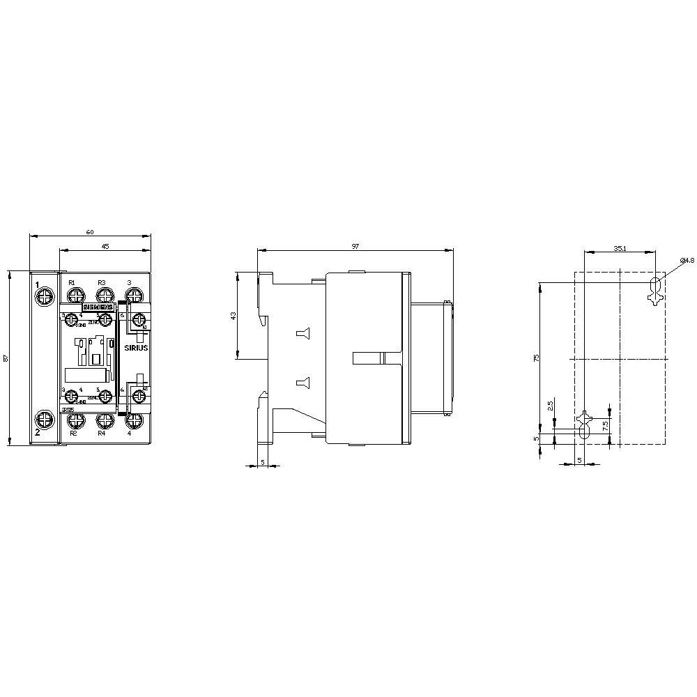 Technical drawing of an electromechanical device with front, side, and top view. Includes dimensional measurements in millimetres.