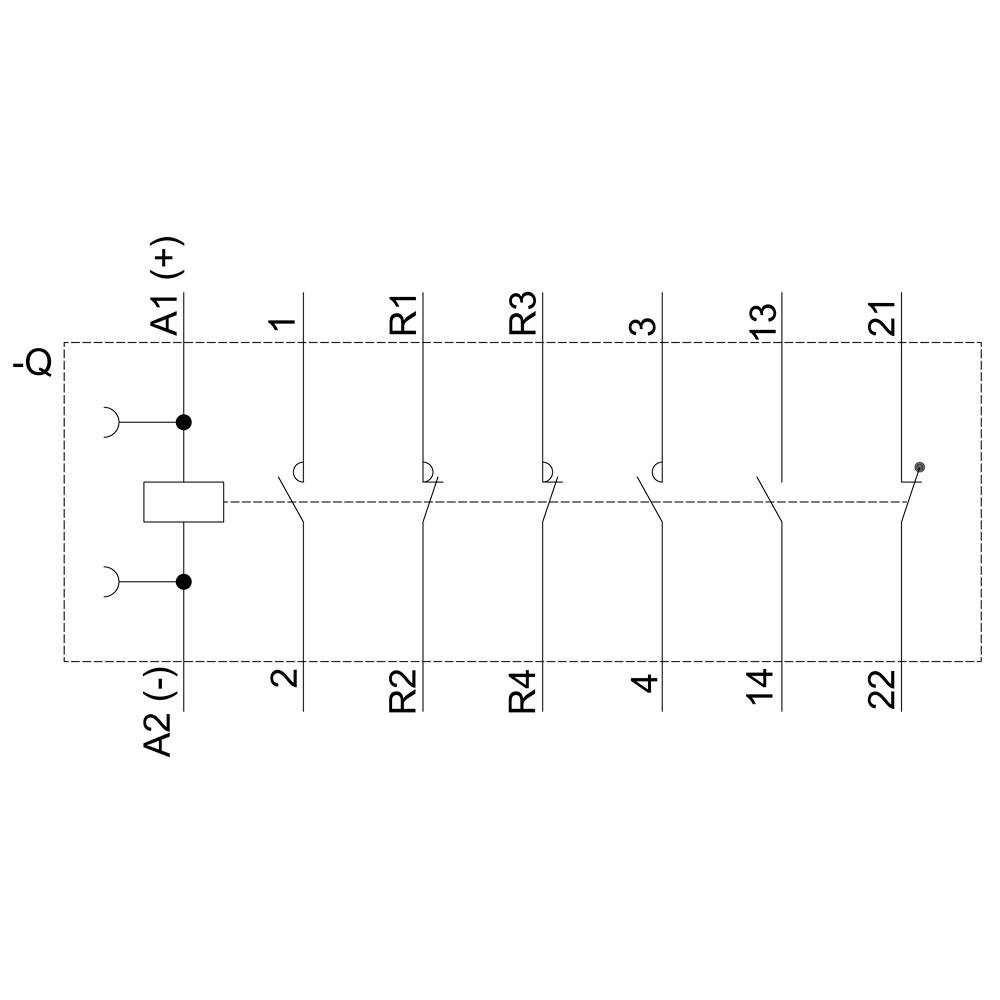 Electrical Circuit Diagram: Contactor with coil, four contacts (R1, R2, R3, R4), terminals A1 (+) and A2 (-).