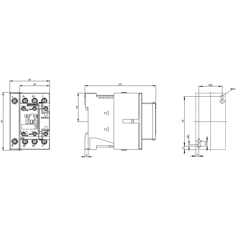 Technical drawing of a modular relay with dimensions in millimetres. Shows front, side, and top views for mounting planning.