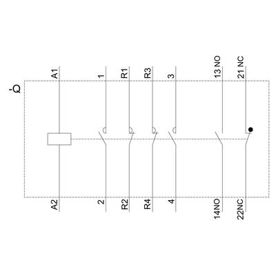Circuit diagram with two rows: Top row A1, R1, R3, 13 NO; bottom row A2, R2, R4, 14 NO. Two lines connect columns 1, 2 and 3, 4.