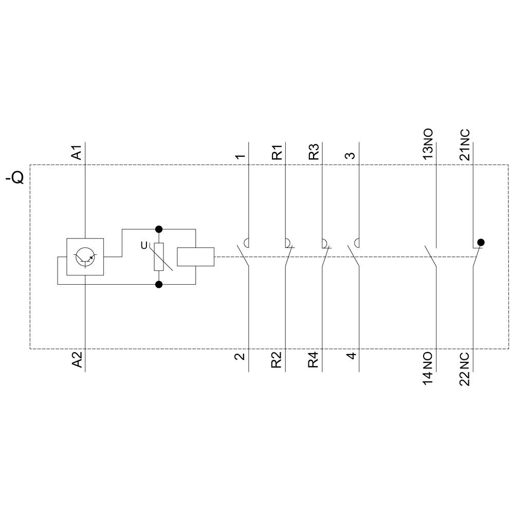 Circuit diagram of a relay, showing the arrangement of terminals A1, A2, R1-R4, and contacts 13NO, 14NO, 21NC, 22NC for control purposes.