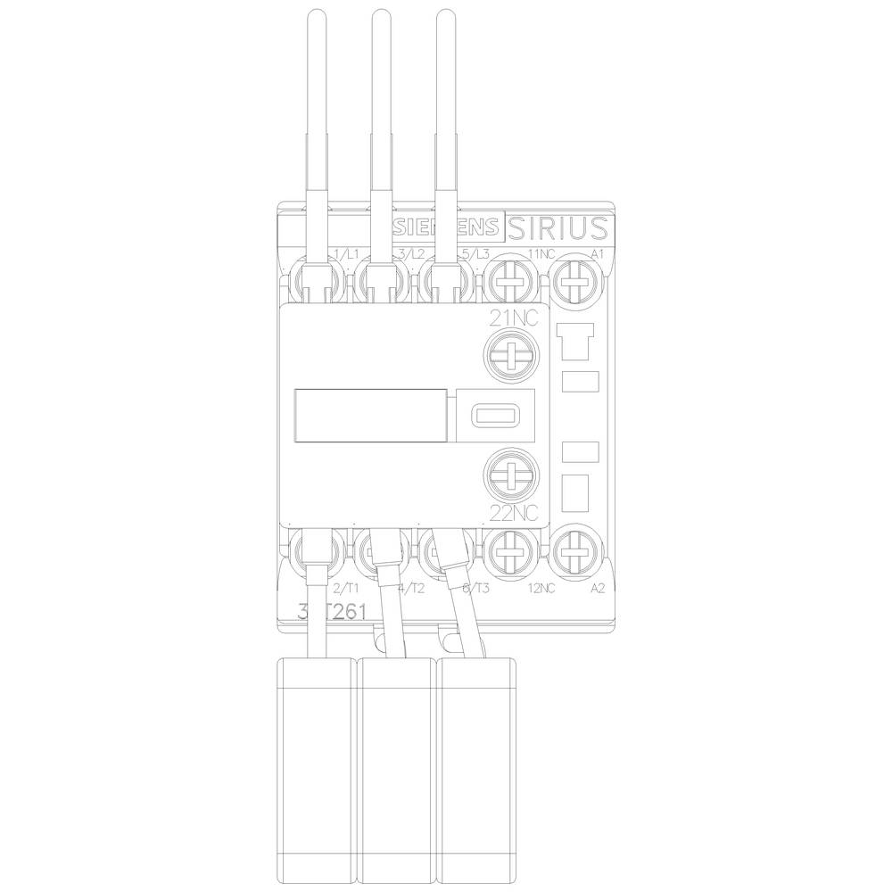 Technical drawing of an electrical switching device with three upper and three lower terminals, 'SIRIUS' label and control panel in the centre.