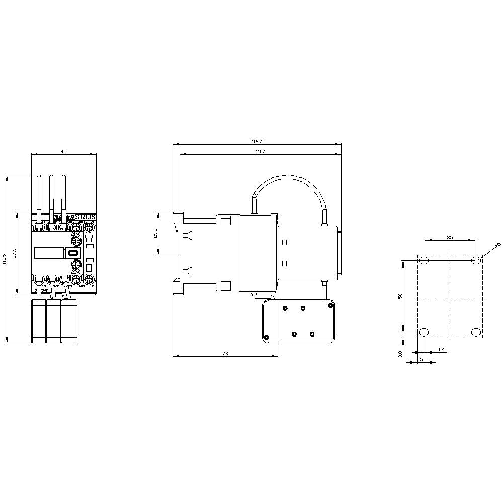Technical drawing of an electronic component with dimensions. Three views show different perspectives and detail sizes.