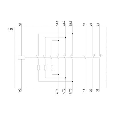 Wiring diagram of an electrical switch with connections and labels from A1, A2, 1L1, 3L2, 5L3 to 13, 14, 21, 22, 31, 32.