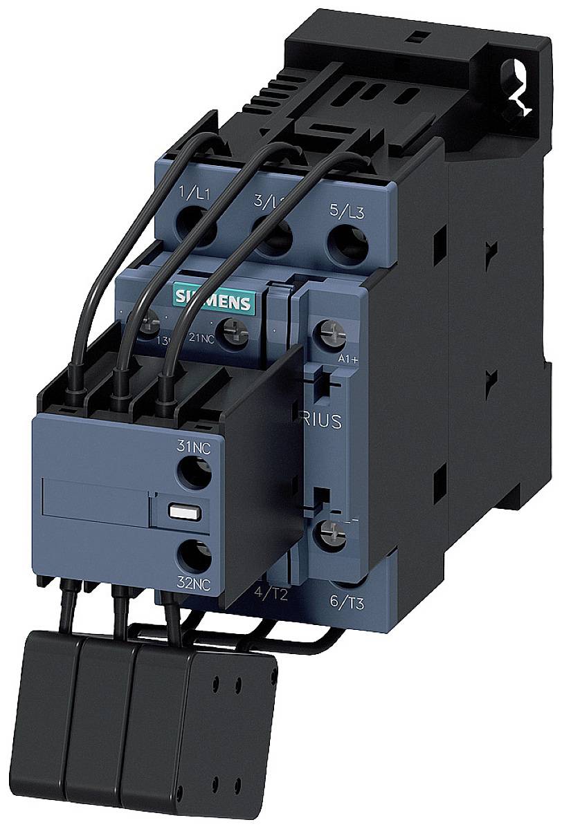Contactor with multiple terminals and Siemens logo, used in electrical control systems for switching high current loads.