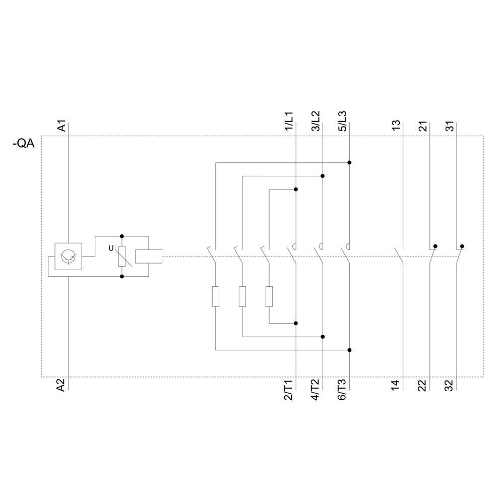 Wiring diagram of a star-delta starter with contactor and time relay, showing the wiring and contacts for motor control and protection.