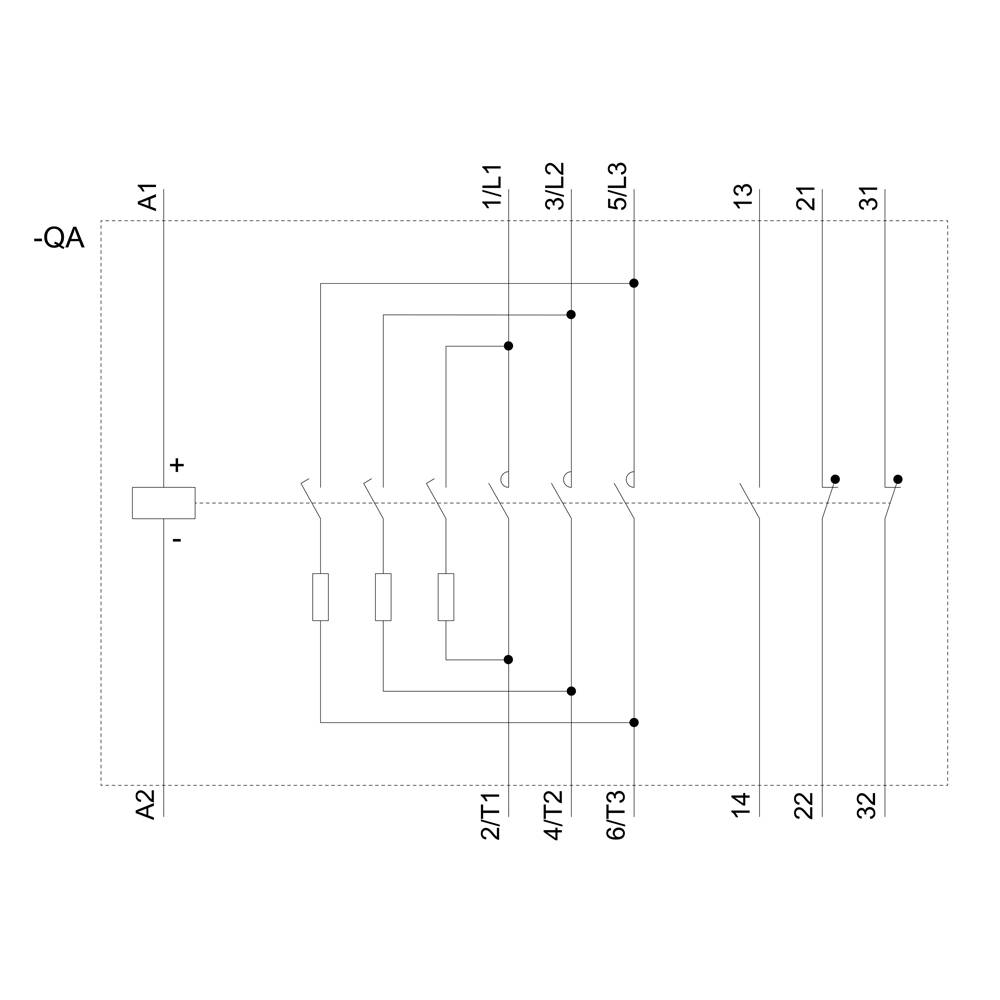 'Circuit diagram of a 3-pole thermal relay (-QA) with connections and switching contacts (A1, A2, 1L1, 3L2, 5L3, 2T1, 4T2, 6T3, 13, 14, 31, 32).'
