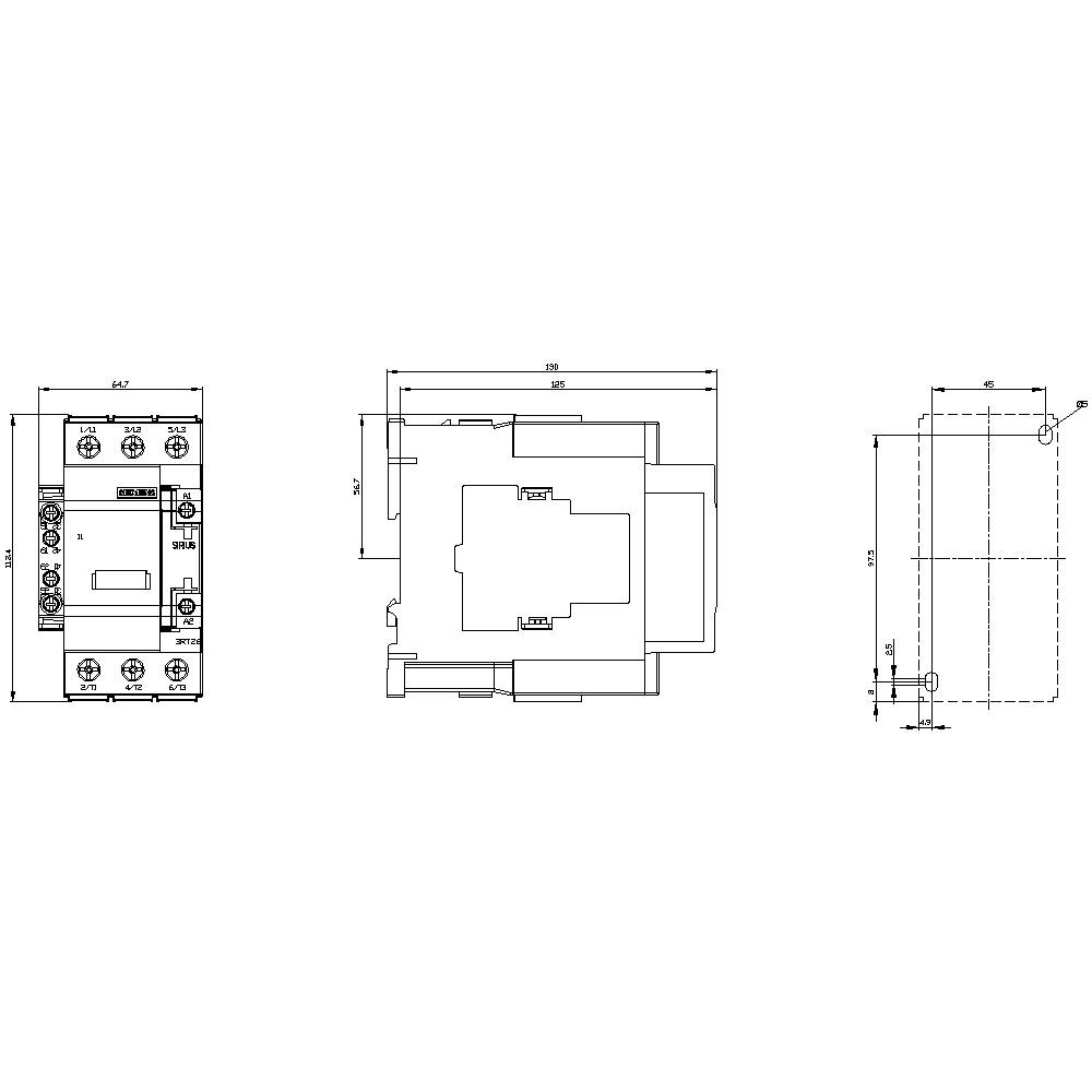 Technical drawing of an electrical component with detailed dimensions and views in front, side, and top elevation.