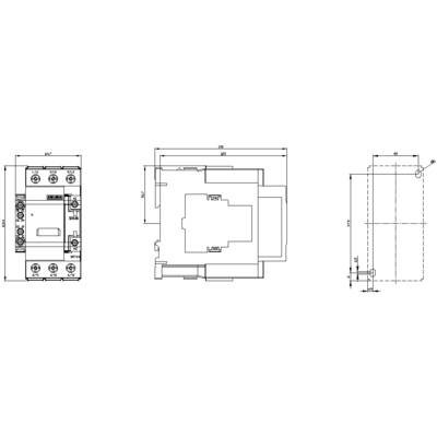 Technical drawing of an electronic component showing front, side, and top views. Dimensional specifications and connection details are visible.