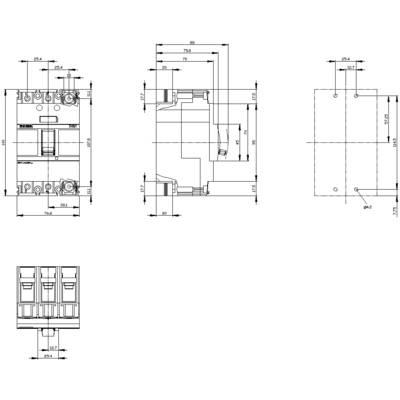 Technical drawing of a three-pole circuit breaker with dimensions and cross-sectional views. Shows connections and switching mechanism.