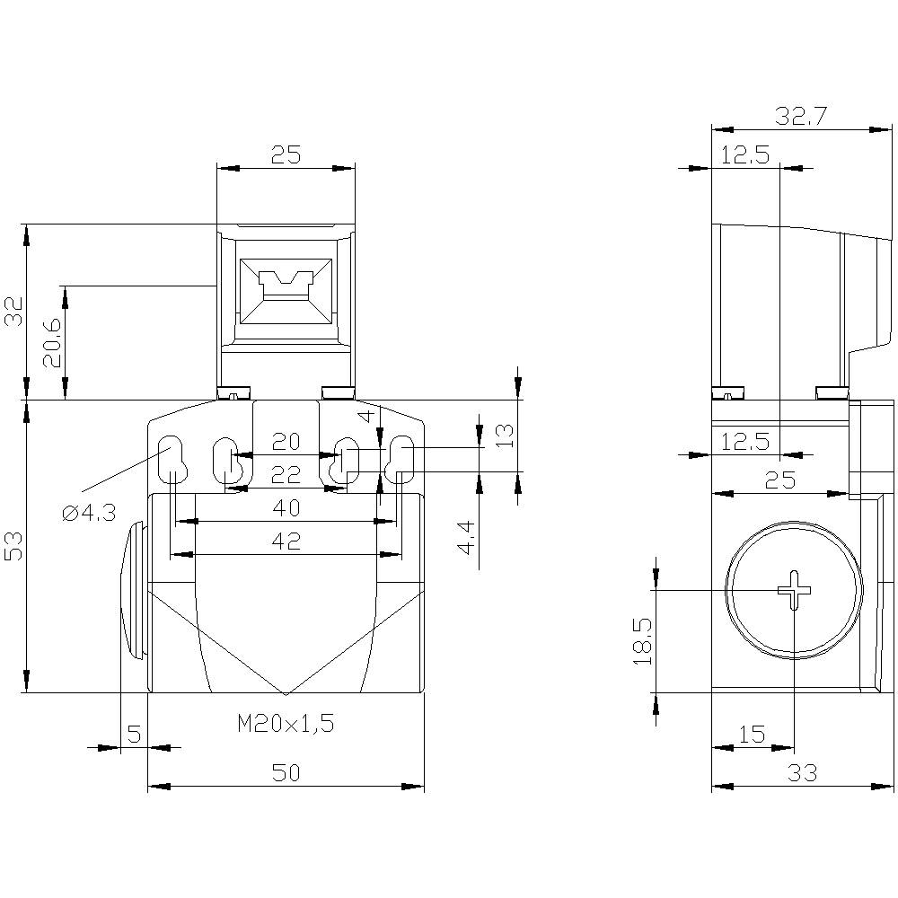 Technical drawing of a mechanical component with detailed measurements in millimetres, front and side view.