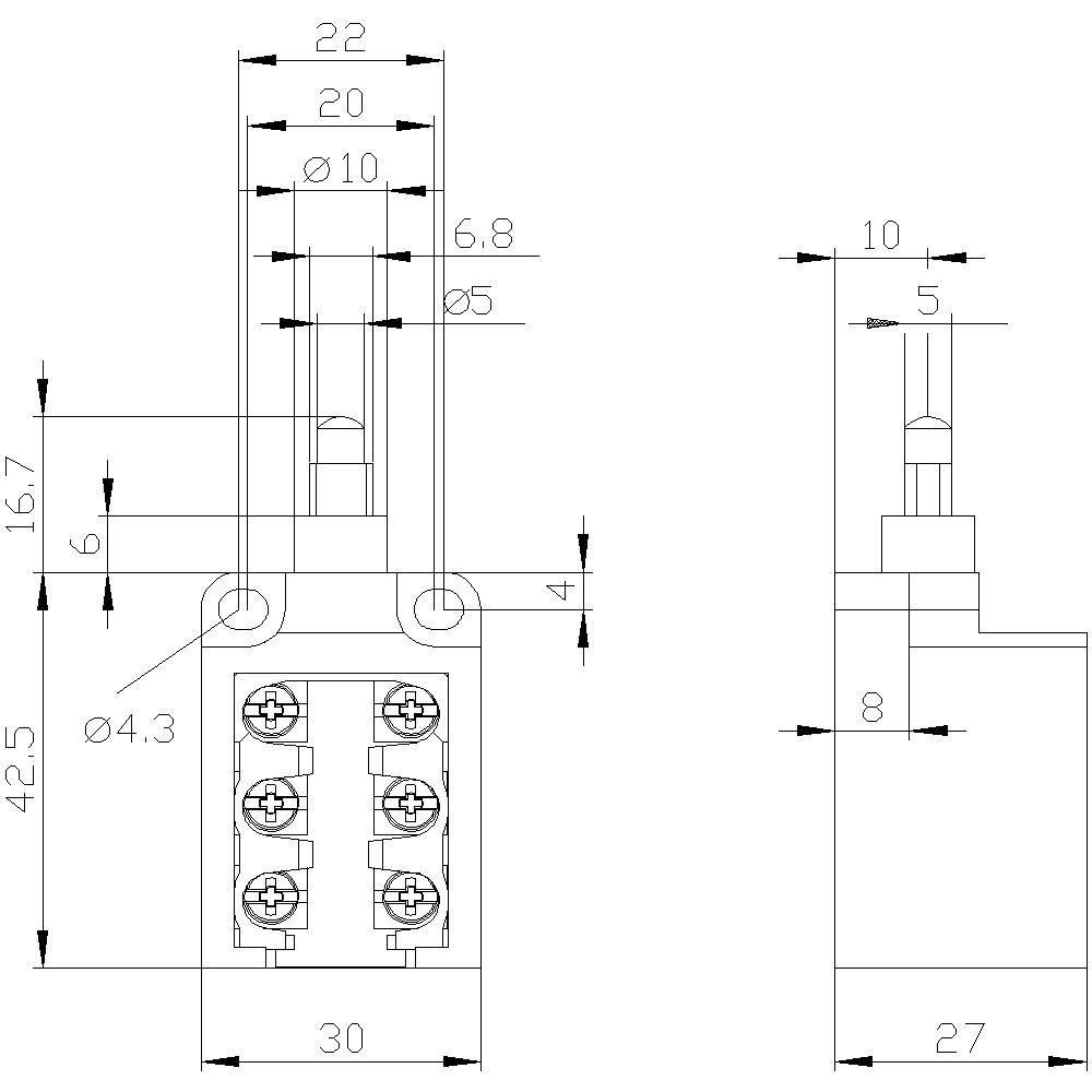 Technical drawing of an electrical connector with dimensions and screw terminals, side and front views.
