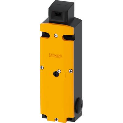 A yellow safety interlock switch box with the Siemens logo, mounted on a black enclosure. Screw fixings are visible.
