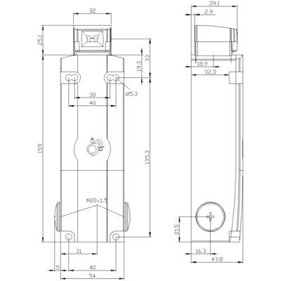 Technical drawing of a mechanical component with various views. Dimensions and distances are precisely specified.