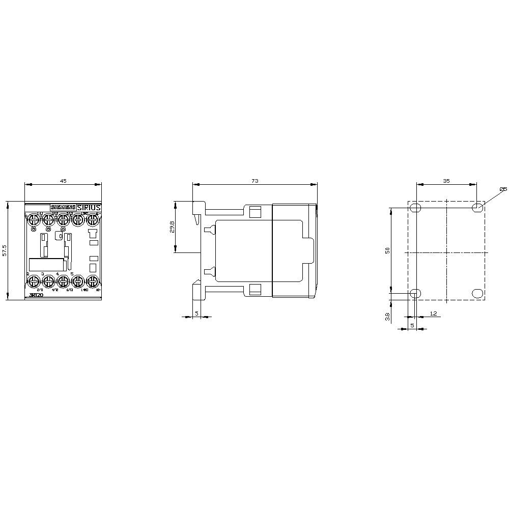 Technical drawing of a relay with triple side view. Dimensions and positions of the connections are indicated.