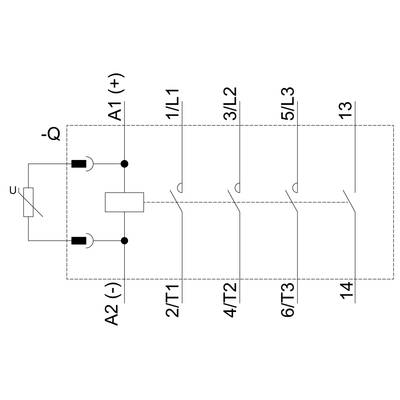 'Circuit diagram of a contactor: contact points, coils, connections and labels A1 (+), A2 (-), L1, L2, L3 marked.'