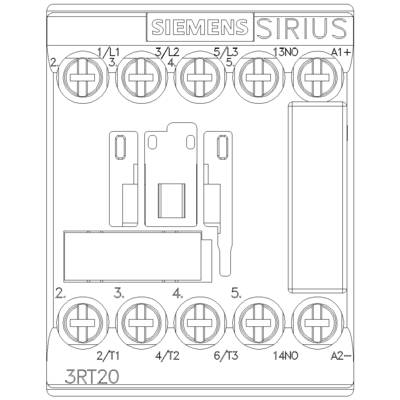 'Siemens SIRIUS 3RT20' switching symbol on circuit diagram with numbered contact inputs and two coil designations A1+ and A2-.