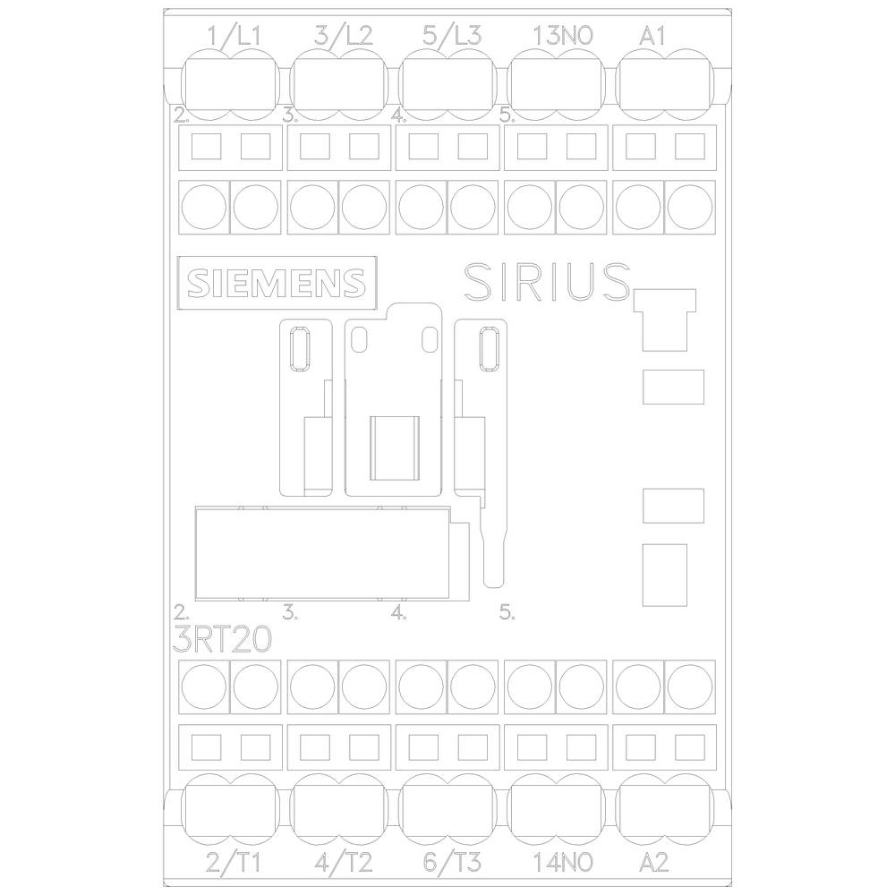 'Schematic of a Siemens Sirius 3RT20 contactor unit, showing connections and circuit diagram. Top marked with L1 to L3; bottom marked with T1 to T3.'